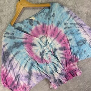 Surf Gypsy Women's Tie Dye Crop‎ Top Blue Pink Batwing Boho Festival Style Sz S